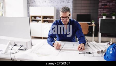 Architect Engineer Drawing Architectural Construction Plan In Office Stock Photo