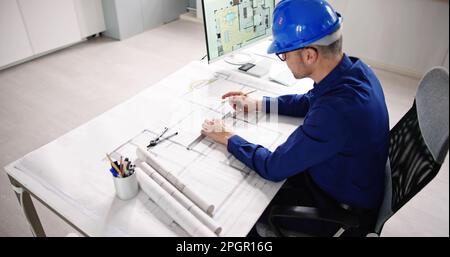 Civil Engineer Drawing Architecture Plan Blueprint And Design Stock Photo