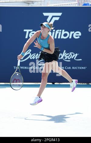 Miami Gardens, Florida, USA. 22nd Mar, 2023. March, 23 - Miami Gardens:Paula Badosa of Spain plays Laura Siegemund of Germany during the 2nd round of the 2023 Miami Open by Itau. (Credit Image: © Andrew Patron/ZUMA Press Wire) EDITORIAL USAGE ONLY! Not for Commercial USAGE! Stock Photo