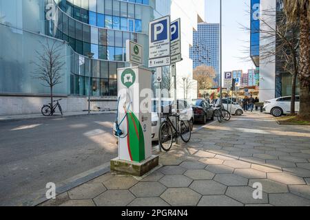 Tirana, Albania. March 2023.   A power station for recharging electric vehicles on a street in the city centre Stock Photo