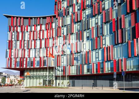 Tirana, Albania. March 2023.  Exterior view of the Mariott hotel in the city center Stock Photo