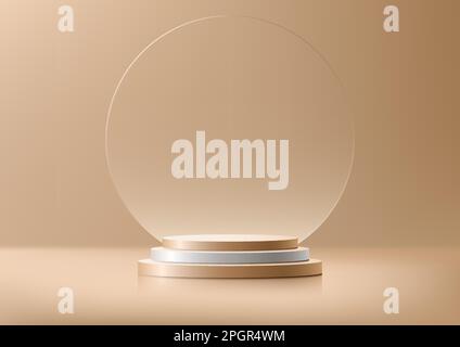 Abstract modern luxury product display. 3D golden and white steps stair winner podium stand with circle transparent glass backdrop minimal wall scene Stock Vector