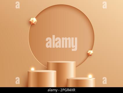 Abstract modern luxury product display. 3D golden podium stand with empty gold circle backdrop and gold light bulb, geometric elements on studio room Stock Vector