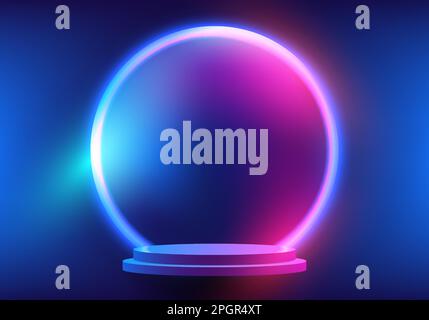 3D realistic empty podium floating in the air with circles blue and pink glowing neon light backdrop on blue background technology style. Product disp Stock Vector