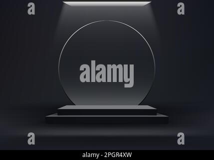 3D realistic empty black podium pedestal box stand with circle transparent glass on minimal wall scene dark background with ceiling light. Product dis Stock Vector