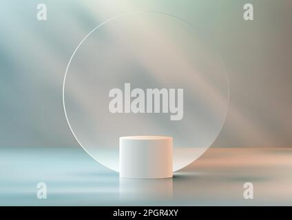 3D realistic white podium platform stand with circle transparent glass backdrop and leaf shadow natural light on minimal wall scene blue background. P Stock Vector