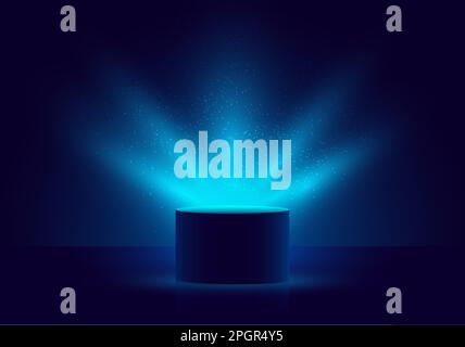 3D blue cylinder mystery box with Illuminated lighting glitter on dark background. Vector illustration Stock Vector