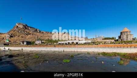 Kars, Turkey - October 25, 2022: Kars Castle and Kumbet Mosque in Kars, Turkey. Panoramic view from city center. Stock Photo