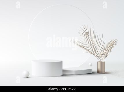 3D realistic luxury white podium stand with transparent glass circle backdrop decoration white balls and golden vase palm leaves on clean background m Stock Vector