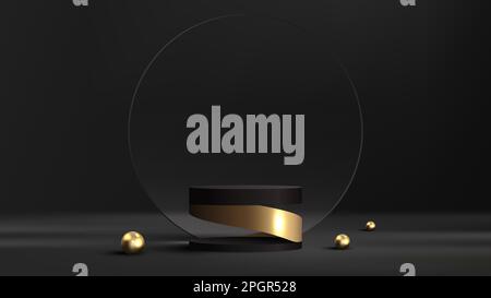 3D realistic modern luxury black cylinder podium stand and gold spiral with transparent glass circle backdrop decoration golden balls minimal wall sce Stock Vector