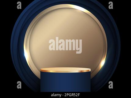 3D realistic luxury style blue and gold podium stand with abstract blue and golden circles with lighting on black background. Product display for beau Stock Vector