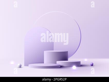 3D realistic empty studio room group of purple cylinder podium stand transparency glass circle backdrop decoration with sphere light balls on minimal Stock Vector