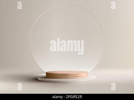 3D realistic empty studio room wooden cylinder podium pedestal stand with transparent glass circle backdrop on beige background. Product display for c Stock Vector