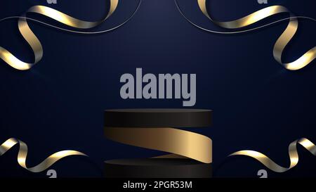 3D realistic luxury modern black cylinder podium stand spiral gold with abstract elegant golden ribbon wave twist lines and lighting effect on dark bl Stock Vector