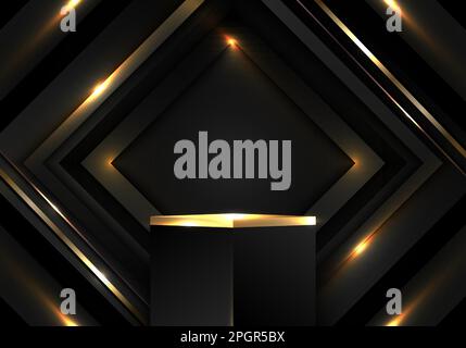3D realistic modern luxury black and gold cube podium stand with abstract black geometric squares overlapping dark background with golden lines and li Stock Vector