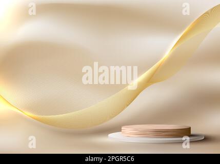 3D realistic modern luxury wood podium stand with abstract golden wave lines and lighting effect on fabric satin beige color background. Product displ Stock Vector