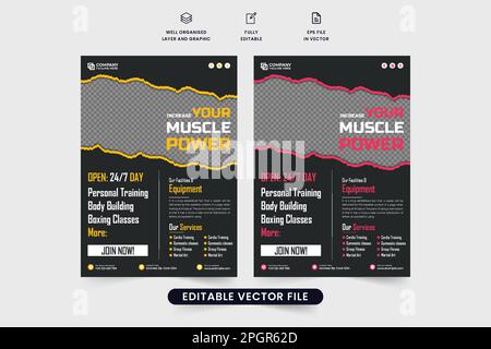 Gym business flyer template with yellow and red colors on dark backgrounds. Fitness gym flyer vector with photo placeholders. Modern gym poster and fl Stock Vector