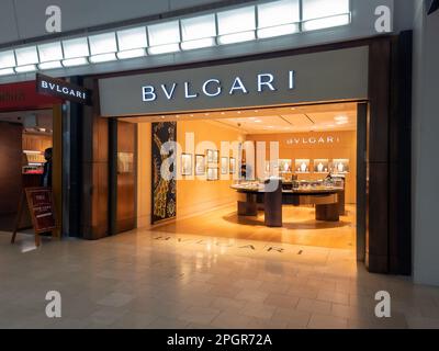 Queens, New York - Feb 6, 2023: Landscape Close-up View of Bvlgari Store inside JFK Airport. Stock Photo