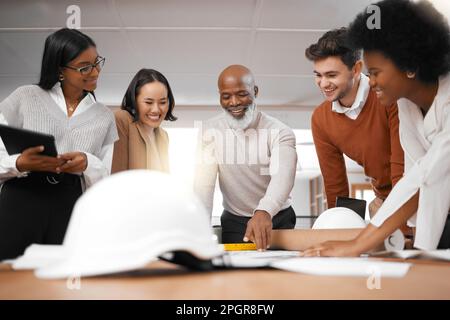 Architecture, planning or engineering team in meeting for innovation, construction or project development. Blueprint collaboration, goal or happy Stock Photo