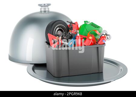 Plastic box full of car tools, equipment and accessories with screwdriver  and wrench, 3D rendering isolated on white background Stock Photo - Alamy