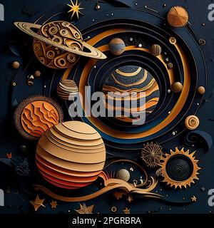 A paper-cut art illustration of a solar system in an outer space setting. Stock Photo