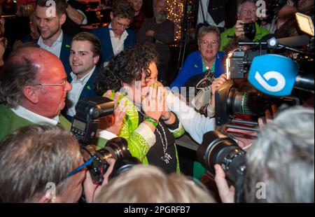 BATHMEN, THE NETHERLANDS - MAR 15, 2023: Politician Caroline van der Plas becomes emotional when she hears the results of the provincial elections in Stock Photo