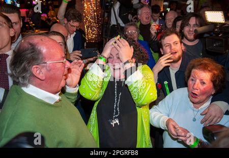BATHMEN, THE NETHERLANDS - MAR 15, 2023: Politician Caroline van der Plas becomes emotional when she hears the results of the provincial elections in Stock Photo