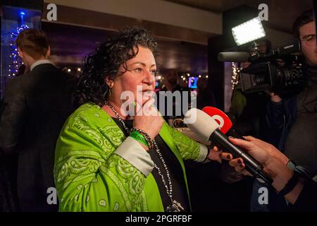 BATHMEN, THE NETHERLANDS - MAR 15, 2023: Politician Caroline van der Plas gives interviews to the press after her political party BBB wins the provinc Stock Photo