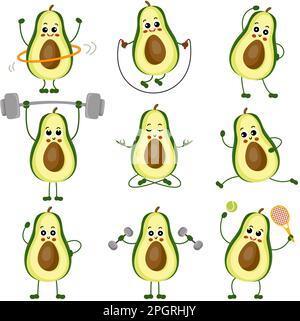 Set of funny avocado mascot making gym Stock Photo