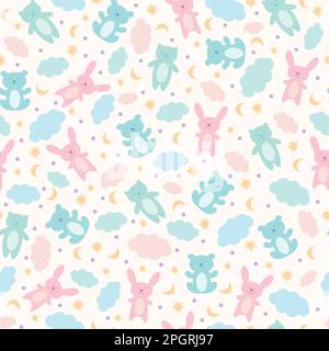Baby seamless pattern for decoration, children's room, blankets, gifts, baby shower greetings. Cute sleepy toys with clouds, stars and crescent in pas Stock Vector