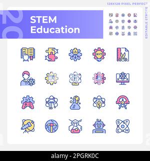 STEM education pixel perfect RGB color icons set Stock Vector