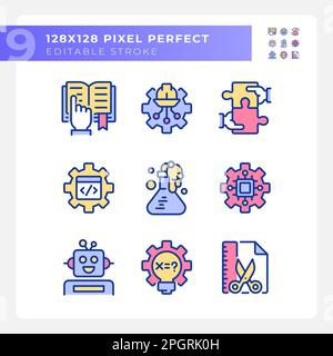 Integration of STEM programs pixel perfect RGB color icons set Stock Vector