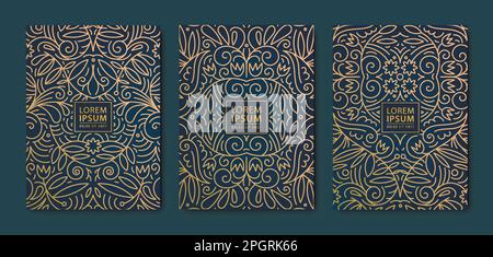 Vector swirl leaves patterns. Floral golden elements template in vintage style. Luxury black line covers, flyers, brochures, packaging design, social Stock Vector