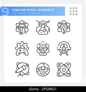Opportunities of STEM education pixel perfect linear icons set Stock Vector