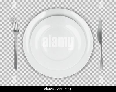 Two white round empty plates top view with fork and knife. Vector illustration with transparent shadow Stock Vector