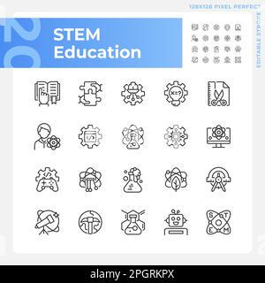 STEM education pixel perfect linear icons set Stock Vector