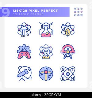 Opportunities of STEM education pixel perfect RGB color icons set Stock Vector