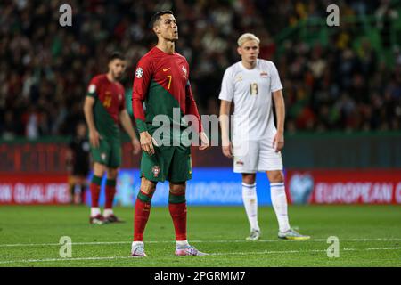 Lisbon, Portugal. 23rd Mar, 2023. Cristiano Ronaldo of Portugal celebrates  after scoring a goal during the UEFA Euro 2024 qualifying round group J  match between Portugal and Liechtenstein at Estadio Jose Alvalade.