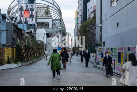 March 13th 2023 - Tokyo, Japan: People walking along Miyashita Park, Shibuya, Tokyo, Japan Stock Photo