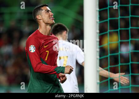 Lisbon, Portugal. 23rd Mar, 2023. Cristiano Ronaldo of Portugal celebrates  after scoring a goal during the UEFA Euro 2024 qualifying round group J  match between Portugal and Liechtenstein at Estadio Jose Alvalade.