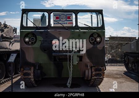 Closeup of an FMC Corporation M548 military light armored tracked vehicle, featuring its highly detailed exterior design and powerful tracks Stock Photo