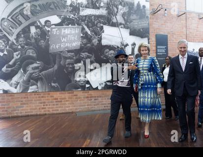 Johannesburg, South Africa. 24th Mar, 2023. Queen Mathilde of Belgium and King Philippe - Filip of Belgium visit the Hector Pieterson Museum in Soweto, Johannesburg, during a state visit of the Belgian Royal Couple to the Republic of South Africa, Friday 24 March 2023. BELGA PHOTO BENOIT DOPPAGNE Credit: Belga News Agency/Alamy Live News Stock Photo