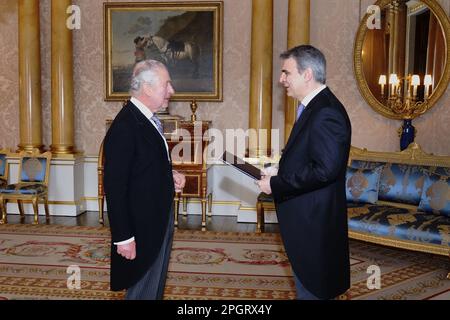 RETRANSMITTING CORRECTING NAME OF AMBASSADOR King Charles III receives the Ambassador of Greece, Yannis Tsaousis, as he presents his credentials during a private audience at Buckingham Palace, London. Picture date: Thursday March 2, 2023. Stock Photo