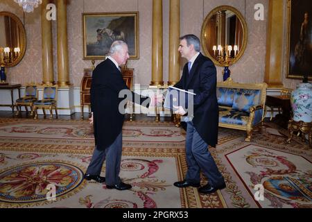 RETRANSMITTING CORRECTING NAME OF AMBASSADOR King Charles III receives the Ambassador of Greece, Yannis Tsaousis, as he presents his credentials during a private audience at Buckingham Palace, London. Picture date: Thursday March 2, 2023. Stock Photo