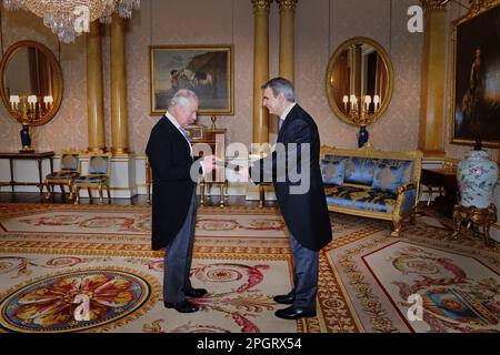 RETRANSMITTING CORRECTING NAME OF AMBASSADOR King Charles III receives the Ambassador of Greece, Yannis Tsaousis, as he presents his credentials during a private audience at Buckingham Palace, London. Picture date: Thursday March 2, 2023. Stock Photo