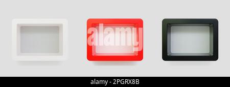 Set of empty rounded rectangular shelves or niches on white wall 3D mockup. Shop, gallery plastic or wooden showcase to present product. Blank retail Stock Vector
