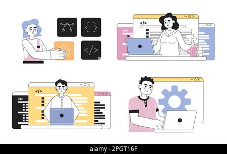 Web development process line concept vector spot illustration pack Stock Vector