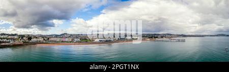 Aerial view of Paignton Pier and Beach from a drone, Paignton, Devon, England, Europe Stock Photo