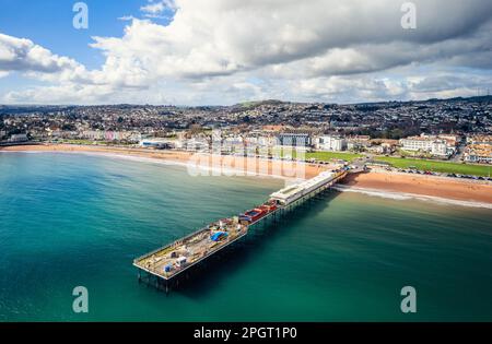 Aerial view of Paignton Pier and Beach from a drone, Paignton, Devon, England, Europe Stock Photo