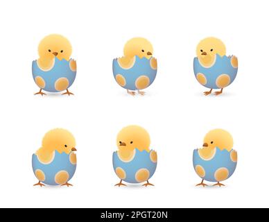 Chicks in lower part of broken Easter eggs with ovals set Stock Vector